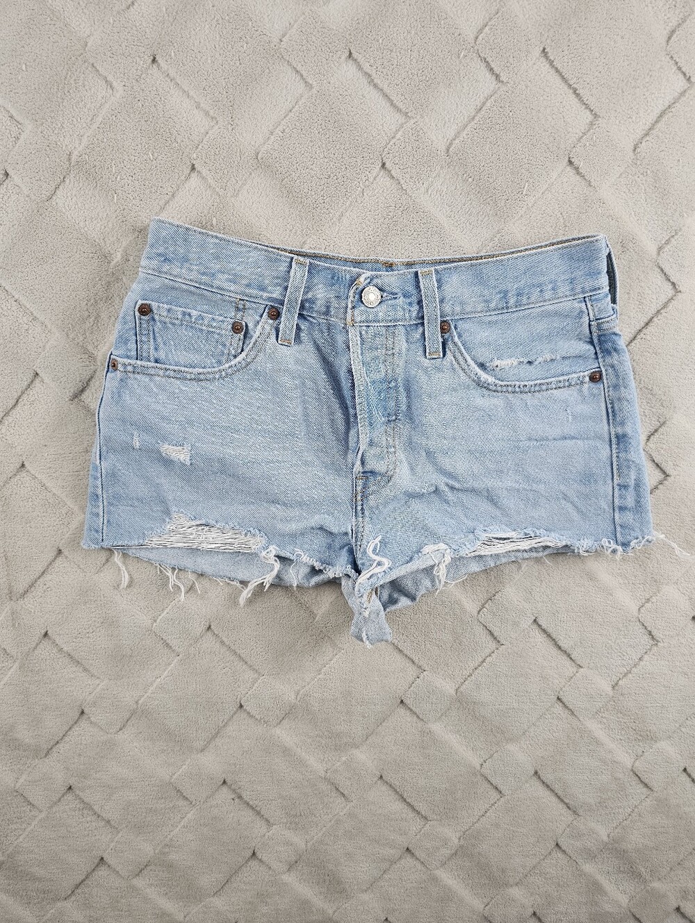 Levi's 501 Light Blue Distressed Denim Shorts Womens 27 Cutoff